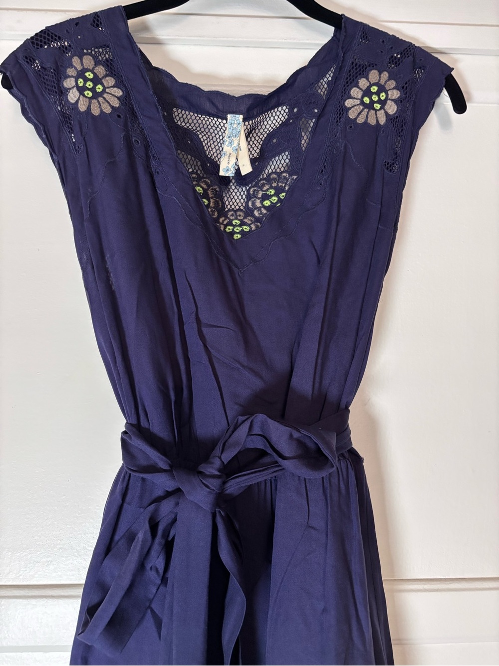 Maeve Navy Embroidered Tie-Waist Midi Dress